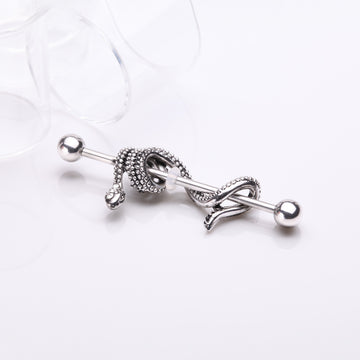 Detail View 1 of Antique Serpent Snake Sparkle Steel Industrial Barbell-Clear Gem
